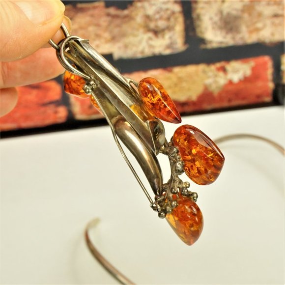 MASSIVE AMBER STERLING PENDANT & BROOCH WITH OMEGA WIRE NECKLACE, RARE JEWELRY - Picture 15 of 16